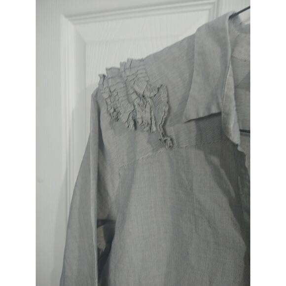 Sibel Saral Blouse Micro Stripe Ruffle Shoulder 3/4 Sleeve Button Front-med - Picture 3 of 9